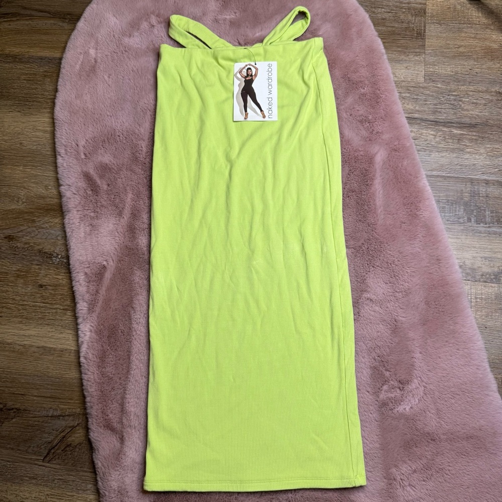 naked wardrobe Neon Lime Ribbed Midi Skirt